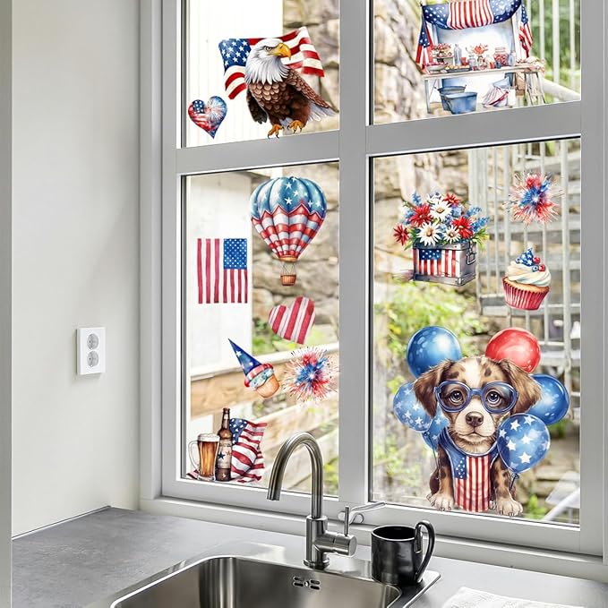 132Pcs Patriotic Window Clings Independence Day Window Stickers 9 Sheets Double-Sided USA Flag Stickers Fireworks Star Cat Dog 4th of July Window Decals Memorial Day Decor for Home School Decorations