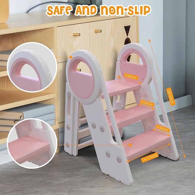 3 Step stools for Kids, Toddler Tower, Toddler Step Stool for Bathroom Sink, Kitchen Counter Helper, Toilet Potty Training, with Safety Handles and Non-Slip Desgin (Pink-White)