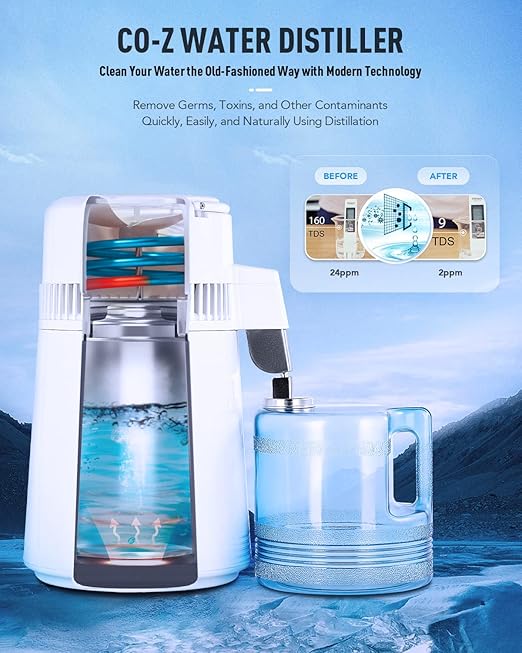 CO-Z 1.1 Gallon Water Distiller, 750W Countertop Home 4L Distilled Clean Water Maker Office Countertop Distiller Water Making Machine, Distill Distilling Water Purifier Distillers