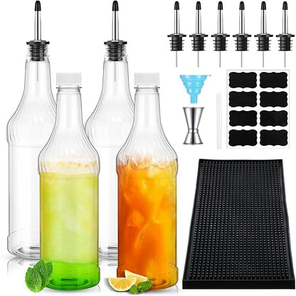 16 Pieces 32 oz Plastic Long Neck Bottles with Speed Pourers Spouts, Caps and Bartender Accessories, Snow Cone Syrup Bottles, Juice Pourers for Bartending, Store and Pour Containers for Bar