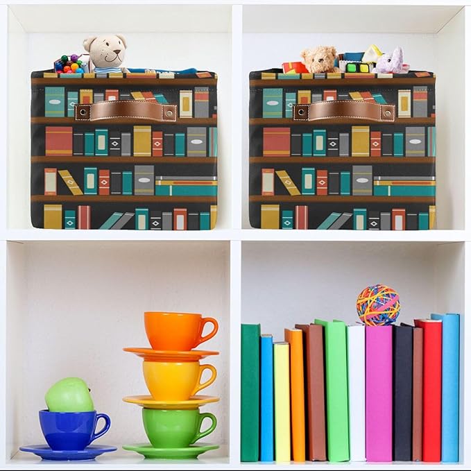 Colorful Bookshelf Book Storage Basket Bin for Shelves Closet Foldable Fabric Storage Box Cube with Handles Kids Gifts Toys Clothes Shelf Basket Organizer for Bedroom Nursery Home Decorative