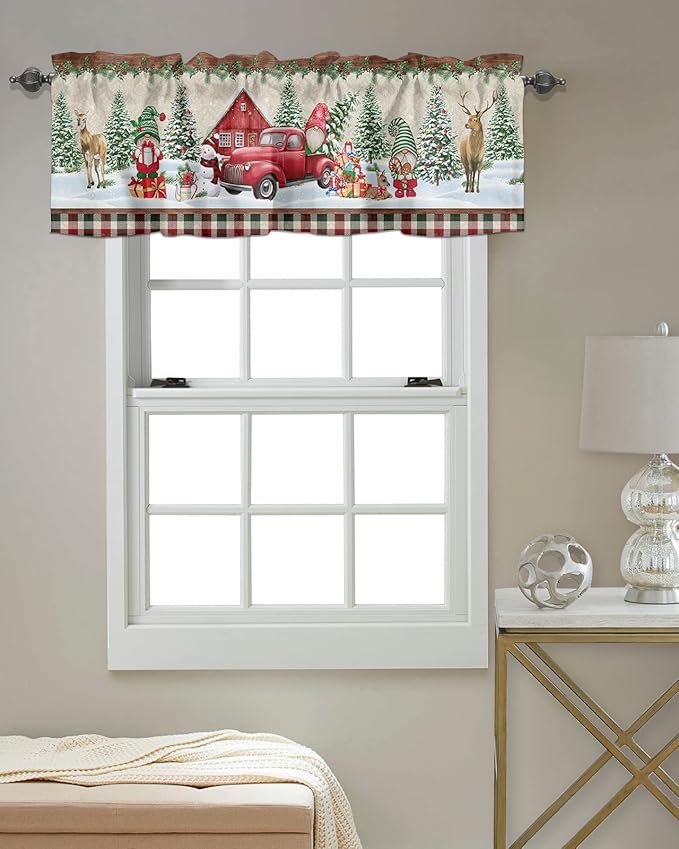 Vandarllin Christmas Farmhouse Kitchen Curtains Valances for Windows Red Truck Gnomes Rod Pocket Window Treatment for Kitchen/Living Room/Bedroom/Bathroom,42" X 18" -1 Panel, Winter Holiday Snowman