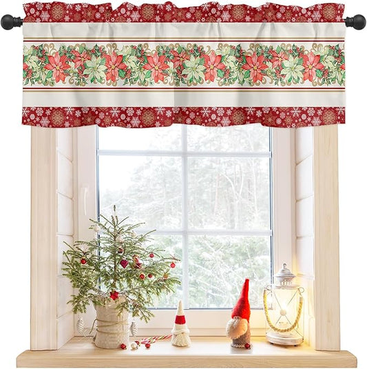 Watercolor Poinsettia Christmas Valance Curtains for Kitchen Windows Red Xmas Winter Holiday Rod Pocket Window Treatment Toppers for Kitchen/Living Room/Bedroom/Bathroom, 54" X 18", Gold White