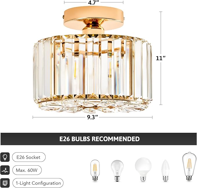 VONLUCE Crystal Ceiling Light Fixture, Semi Flush Mount Ceiling Light Modern Crystal Hallway Light, Gold Flush Mount Chandelier for Entryway Kitchen Bedroom Living Room Entryway