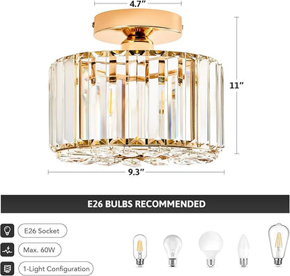 VONLUCE Crystal Ceiling Light Fixture, Semi Flush Mount Ceiling Light Modern Crystal Hallway Light, Gold Flush Mount Chandelier for Entryway Kitchen Bedroom Living Room Entryway