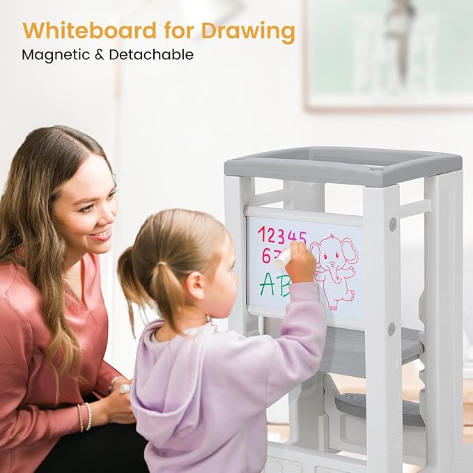 Toddler Tower with Dry Erase Whitebaord Height Adjustable Step Stool for Kids Montessori Learning Stool Toddler Kitchen Stool Helper with Non-Slip Safety Rail