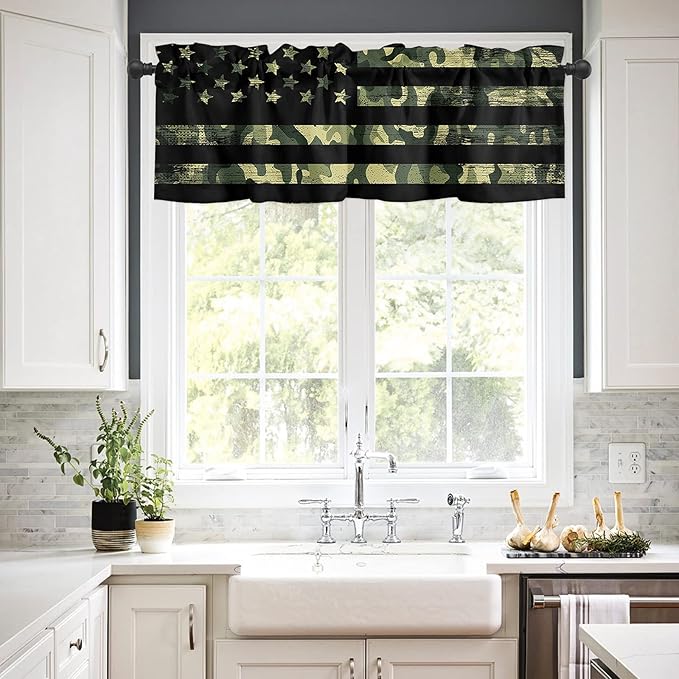 Valance Curtains for Kitchen Window, Rustic Green Camo Military Pattern American Flag Rod Pocket Valances Window Treatments Short Curtains for Bedroom/Living Room,54" X 18" -1 Panel,