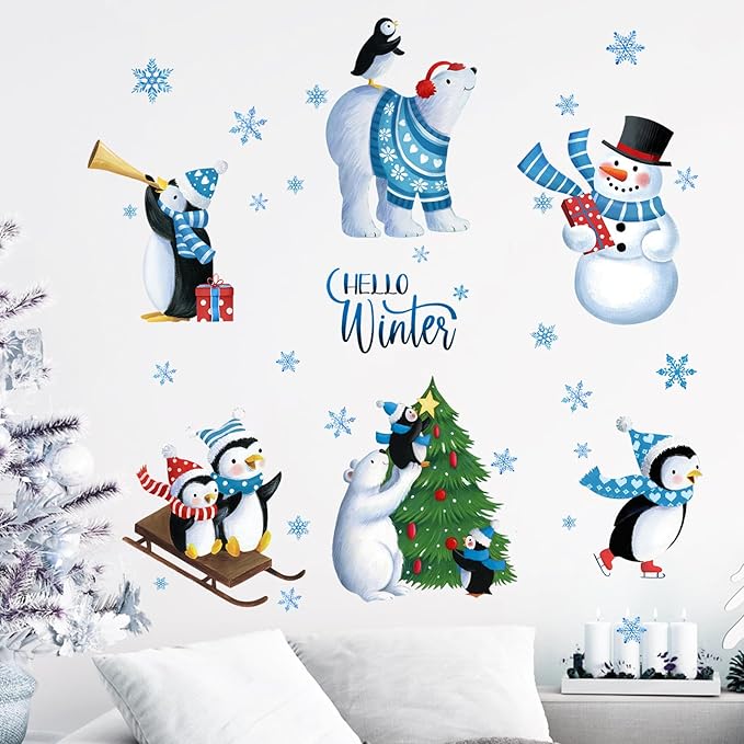 Yovkky Hello Winter Wall Decals Stickers, Christmas Tree Winter Bear Penguin Snowman Snowflakes Nursery Decorations Kids Bedroom Art, Xmas Baby Boys Girls Room Living Room Kitchen Holiday Decor Gift