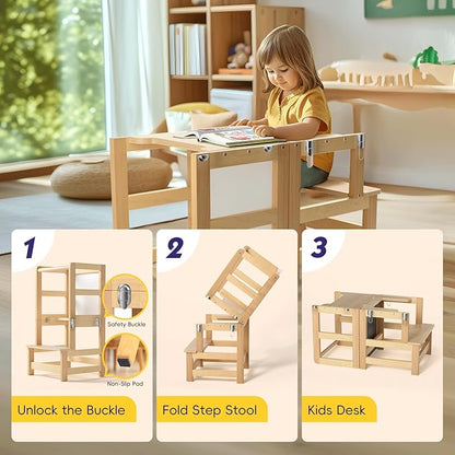 Toddler Tower - 3 in 1 Toddler Kitchen Stool Helper & Learning Tower,Montessori Standing Foldable Wooden Kitchen Step Stool,with Chalkboard and Anti-Slip Pad for Kids Kitchen Counter Learning