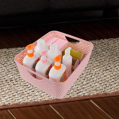 3 Pack Plastic Storage Baskets, Portable Pink Fish Scale Pattern Hollow Desktop Storage Bin Box with Handle for Kitchen, Bathroom, Kids Room or Nursery Storage – 13.8 x 11.2 x 5.1 inches