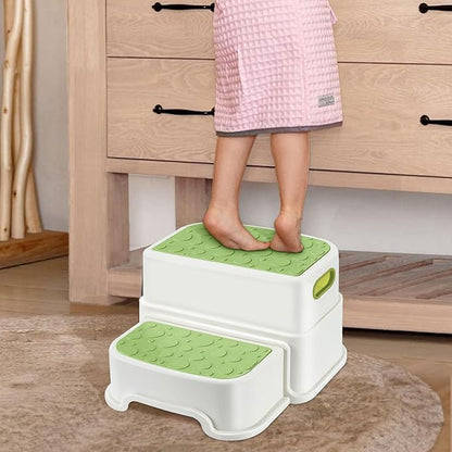 2 Step Stool for Kids, Anti-Slip Toddler Toilet Potty Training Stool with Handles, Two Step Stool for Bathroom, Kitchen, Bedroom, Living Room (Green)