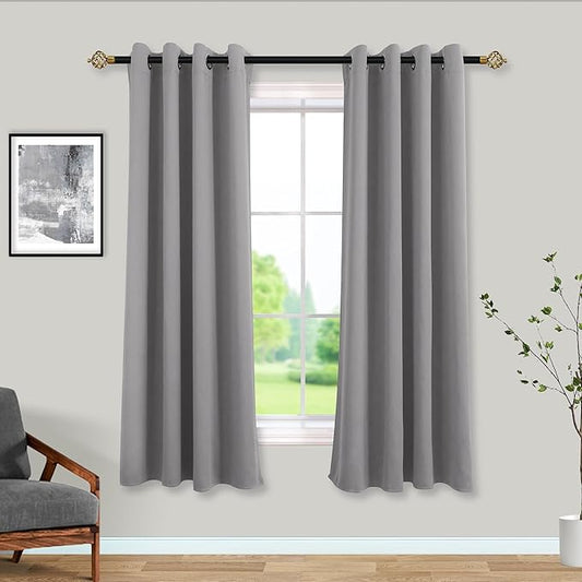 Mrs.Naturall Light Blocking Curtains for Bay Window Bedroom,Blackout Window Heat Blocker Sun Block Office Curtains for Windows at Home,63 Inch Length,Light Gray