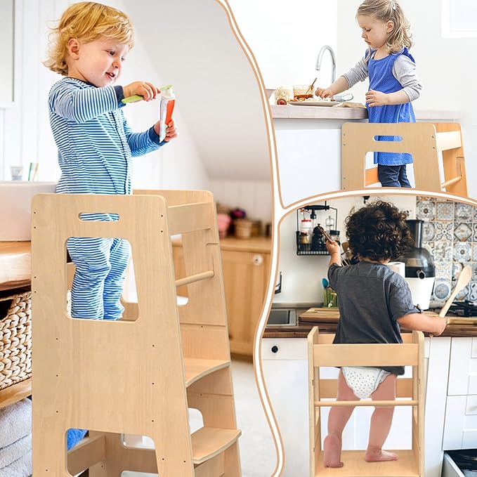 WOOD CITY Kitchen Step Stool for Kids and Toddlers with Safety Rail, Adjustable Height Step Stool Helper Standing Tower Learning Stool for Bathroom & Kitchen Counter