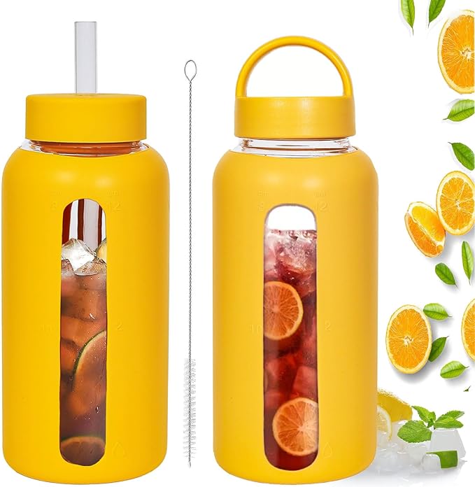 25oz Glass Water Bottles，glass tumbler with straw and 2 lid，Glass Cup with Lid and Straw(BPA Free)，Water Bottle with Handle for Outdoor Sports and Home Use. (Orange)