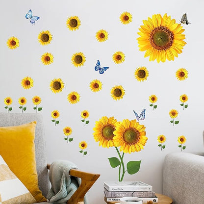 Sunflower Wall Stickers with 3D Butterfly Removable Yellow Flower Wall Decals Waterproof Sunflower Decor Mural for Nursery Baby Kids Bedroom Living Room Bathroom Kitchen Decoration (73 Pcs Yellow)