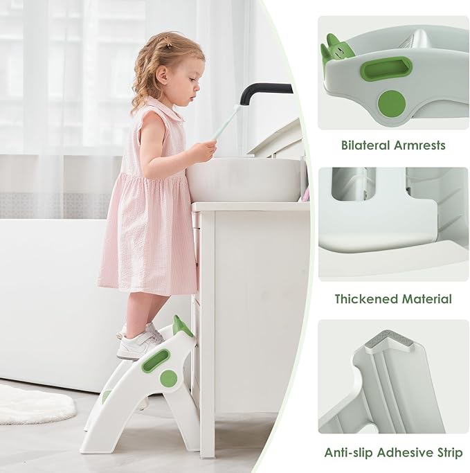 Toddler Step Stool Foldable 2 Step Stool for Kids Collapsible Stool Anti-Slip Stepping Stool for Bathroom Sink Potty Toilet Toddler Kitchen Stool Helper (Green)