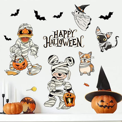 Mfault Happy Halloween Cartoon Mouse Duck Wall Decals Stickers, Spooky Mummy Cat Dog Ghost Decorations Bedroom Art, Funny Jack O Lantern Pumpkin Bat Home Kitchen Living Room Decor