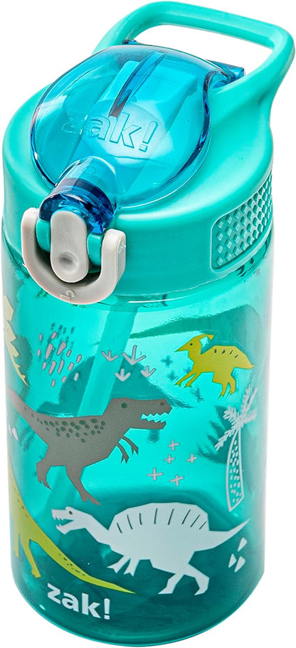 Zak Designs Kids Water Bottle For School or Travel, 16oz Durable Plastic Water Bottle With Straw, Handle, and Leak-Proof, Pop-Up Spout Cover (Dinosaur)