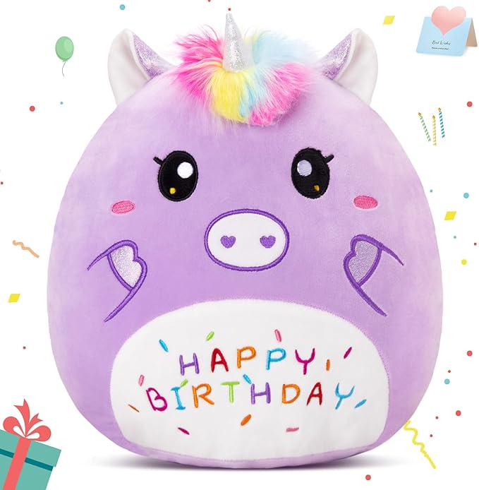 14” Birthday Unicorn Plush Pillow,Cute Unicorn Stuffed Animal,Soft Unicorn Plushies Pillow,Happy Birthday Unicorn Plush Toy Birthday Gifts for Kids Toddlers Girls Boys Room Decor (Purple)