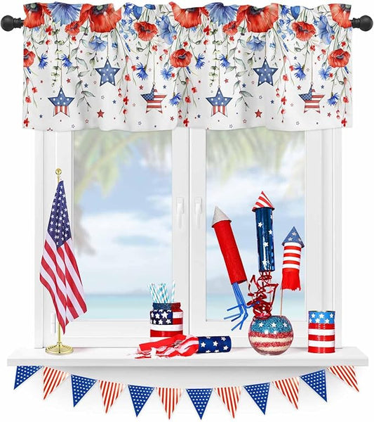 Vandarllin Summer 4th of July Kitchen Curtains Valances for Windows Patriotic Poppy Flowers Stars Rod Pocket Window Treatment for Kitchen/Living Room/Bedroom/Bathroom, 60" X 18", Blue Red