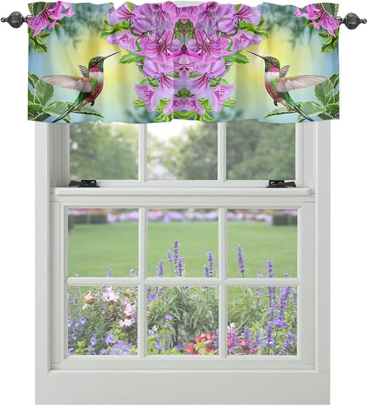 Vandarllin Pink Flowers Kitchen Curtains Valances for Windows Hummingbird Rod Pocket Window Treatment for Kitchen/Living Room/Bedroom/Bathroom,42" X 12" -1 Panel,