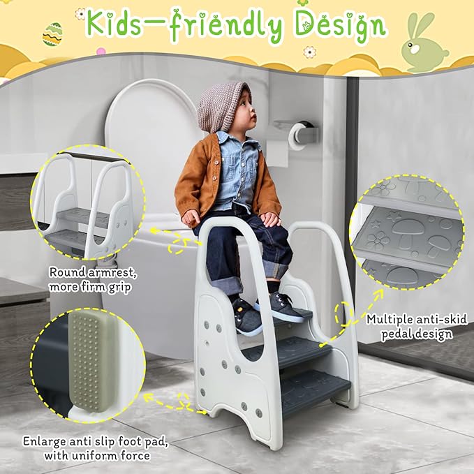 Toddler Step Stool for Bathroom Sink Adjustable Kids 3 Step Stool with Handles and Safety Non-Slip Pads Toddler Kitchen Stool Helper for Toilet Potty Training & Children Step Ladder Learning Helper