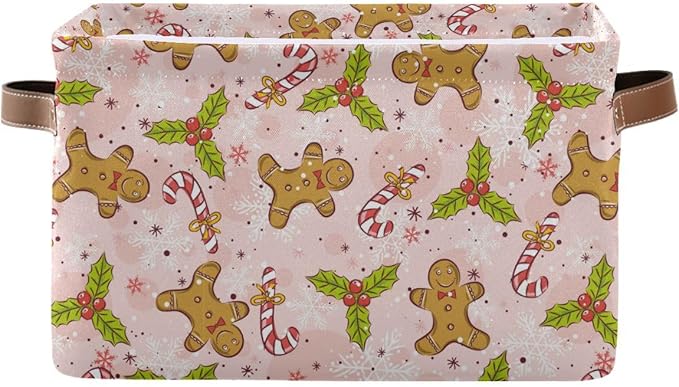 Christmas Gingerbread Man Pink Storage Basket Fabric Kitchen Baskets Candy Cane Poinsettia Winter Open Home Storage Bins Boxes Foldable Organizer Bag for Xmas Decorations Baskets 16×12×8 Inches