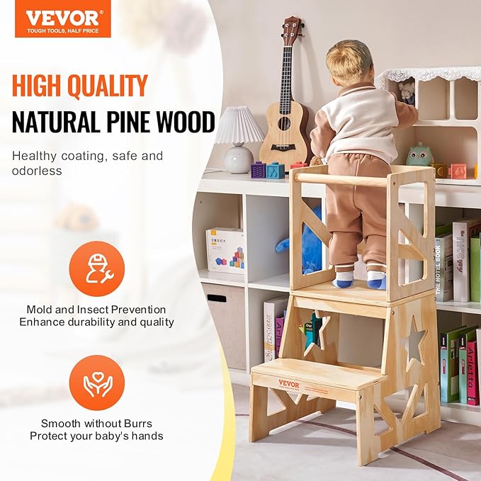 VEVOR Toddler Step Stool for Kids, Natural Pine Wood Toddler Kitchen Stool Helper with Safety Rail, 150LBS Loading Capacity Standing Tower Learning Stool for Bedroom Bathroom Kitchen Counter