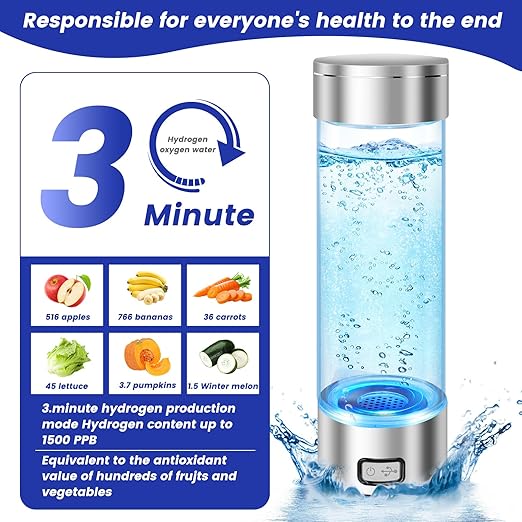 2024 Hydrogen Water Bottle, Portable Rechargeable Hydrogen Water Bottles Generator with SPE PEM Hydrogen Oxygen Separation Technology, 3 Min Quick Electrolysis, for Home Travel Office (Silver)