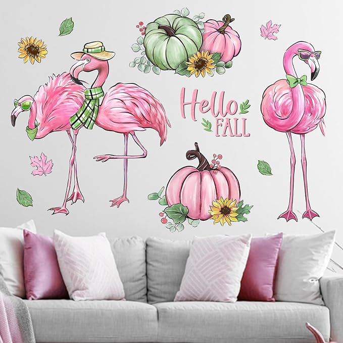 Mfault Hello Fall Flamingo Wall Decals Stickers, Autumn Pink Green Pumpkin Decorations Bedroom Art, Seasonal Sunflower Home Kitchen Living Room Decor