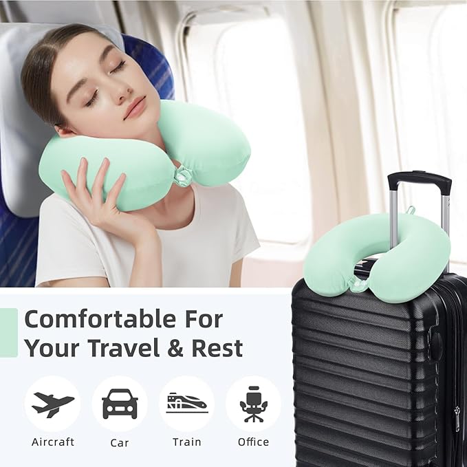 Travel Pillow, Cooling Neck Pillow Airplane Memory Foam with Sleep Mask Earplugs, Soft & Support Airplane Pillow for Travelling Plane Car Train Home Use, Light Green