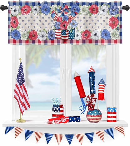 4th of July Kitchen Curtains Valances for Windows Patriotic Memorial Day Vases Flowers Rod Pocket Window Treatment for Kitchen/Living Room/Bedroom/Bathroom, 42" X 18", Blue Red Buffalo Plaid