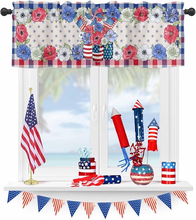 4th of July Kitchen Curtains Valances for Windows Patriotic Memorial Day Vases Flowers Rod Pocket Window Treatment for Kitchen/Living Room/Bedroom/Bathroom, 54" X 18", Blue Red Buffalo Plaid