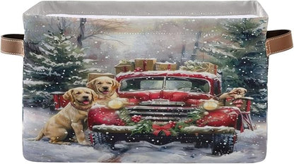 Christmas Truck Golden Retriever Storage Basket Fabric Kitchen Baskets Winter Car Dogs Xmas Tree Open Home Storage Bins Boxes Foldable Organizer Bag for Book Shelf Closet Baskets 16×12×8 Inches