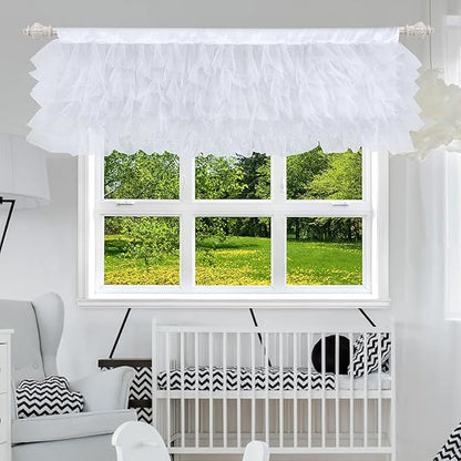 White Tulle Valance Ruffle Kitchen Valance for Bathroom Bedroom Coffee Shop Kids Nursery Room Window 52×16 inch