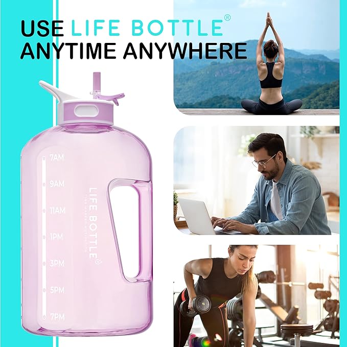 1 Gallon Water Bottle with Straw Lid and Chug Lid, Leakproof Water Jug. Big Water Bottle with Time Marker, No Quotes. 128 oz Water Bottle with Handle and Straw, BPA Free Water Bottles