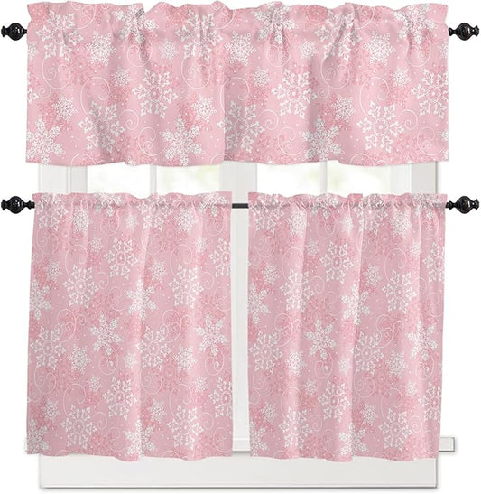 Vandarllin Christmas Kitchen Curtains and Valances Set, Pink White Snowflakes Pattern Windows Treatments Tiers Half/Short Curtains for Small Windows Cafe/Living Room/Bedroom 54x24 in Winter