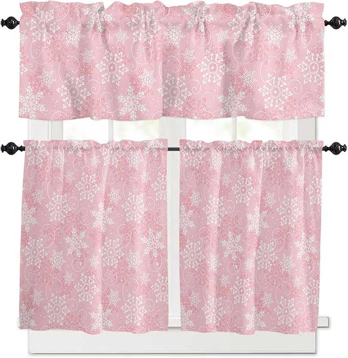 Vandarllin Christmas Kitchen Curtains and Valances Set, Pink White Snowflakes Pattern Windows Treatments Tiers Half/Short Curtains for Small Windows Cafe/Living Room/Bedroom 54x36 in Winter