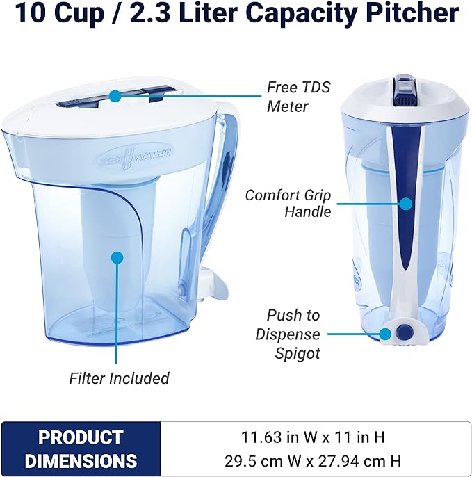 ZeroWater 10-Cup Ready-Pour 5-Stage Water Filter Pitcher 0 TDS for Improved Tap Water Taste - IAPMO Certified to Reduce Lead, Chromium, and PFOA/PFOS