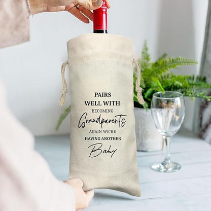 ZHANTUONE，Gift for Being Grandparents Again Ideas Wine Bag,Funny Pregnancy Announcement Wine Bag,Drawstring Polyester Cotton Cloth Wine Bag,Gifts for Grandparents,New Baby Gift,13IN