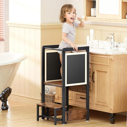 Toddler Kitchen Stool Helper - 4 in 1 Toddler Stool with Chalkboard Safety Rail, Adjustable Height Kids Standing Tower for Kitchen Counter, Wooden Learning Step Stool for 1-3