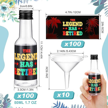 100 Pack 1.7 oz Mini Liquor Bottles Retirement Party Decoration Plastic Alcohol Bottles with Funnels The Legend Has Retired Stickers Retirement Decorations Party Favors for Men Women