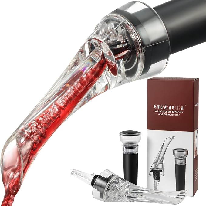 Wine Aerator Pourer Spout with Wine Bottle Stopper Vacuum Pump, Red Wine Decanter with Aerator Improved Flavor Preserve Freshness, Home Bar Accessories Wine Gift Fits All Bottles