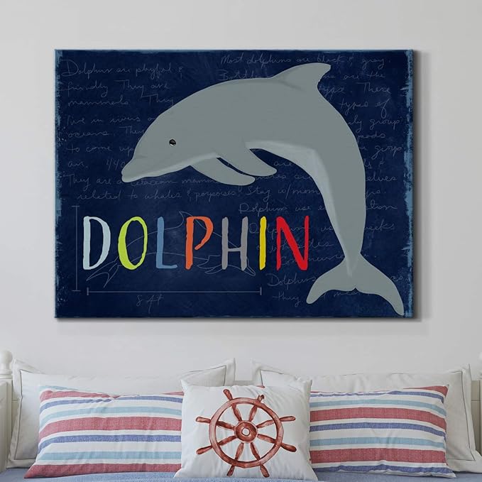 Renditions Gallery Canvas Animal Wall Art Home Paintings & Prints Blue Playful Dolphin Modern Abstract Vibrant Canvas Wall Hanging Decorations for Kids Bedroom Nursery - 32"x48" LT33