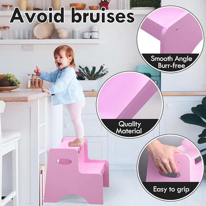 Wooden Toddler Step Stool for Kids, Toddler Kitchen Stool Helper, Toddler Step Stool with Handle Bamboo Step Stool for Bathroom, Kitchen Dual Height Step Stools for Kids(Pink)