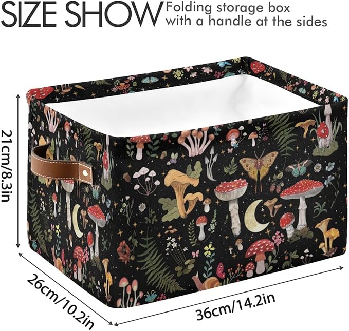 Mushroom Gothic Witch Storage Basket Bin for Shelves Closet Fern Leaves Foldable Fabric Storage Box Cube with Handles Kids Gifts Toy Clothes Shelf Basket Organizer for Bedroom Nursery Home Decorative