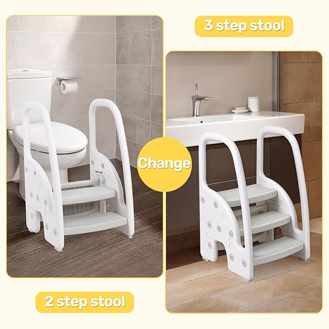 Toddler Step Stool for Bathroom Sink Kitchen Counter, Plastic Kids 3 Step Stool with Handles Sides for Toilet Potty Training, Lightweight Non-Slip, Stepping Standing Stool Helper