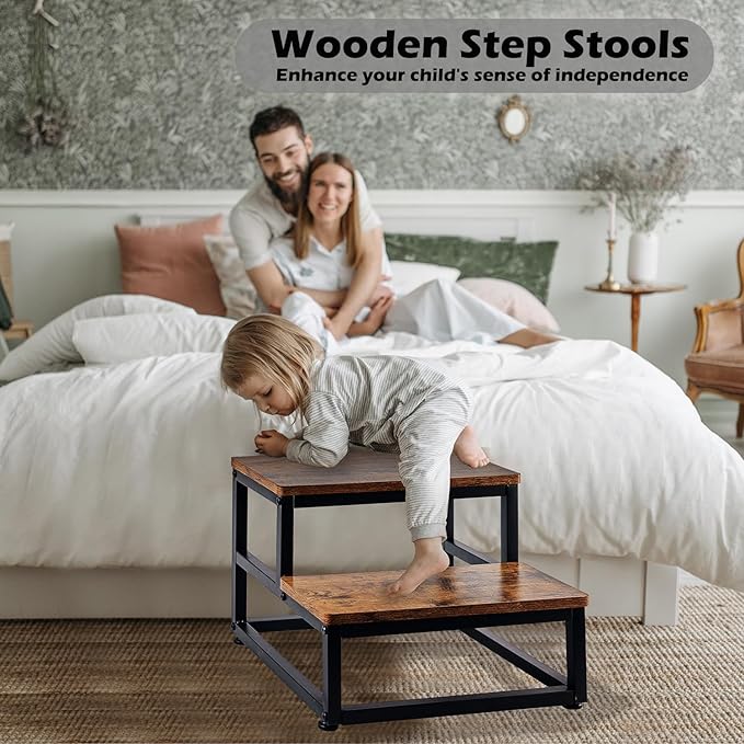 Wooden Step Stool Bed Steps for High Beds for Adults Kids, 2 Step Bedside Step Stools Non-Slip Heavy Duty Stepping Stools with 500-LBS Capacity for Kitchen Bathroom Hot Tub RV, Rustic Brown