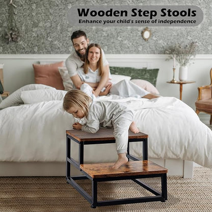 Wooden Step Stool Bed Steps for High Beds for Adults Kids, 2 Step Bedside Step Stools Non-Slip Heavy Duty Stepping Stools with 500-LBS Capacity for Kitchen Bathroom Hot Tub RV, Rustic Brown