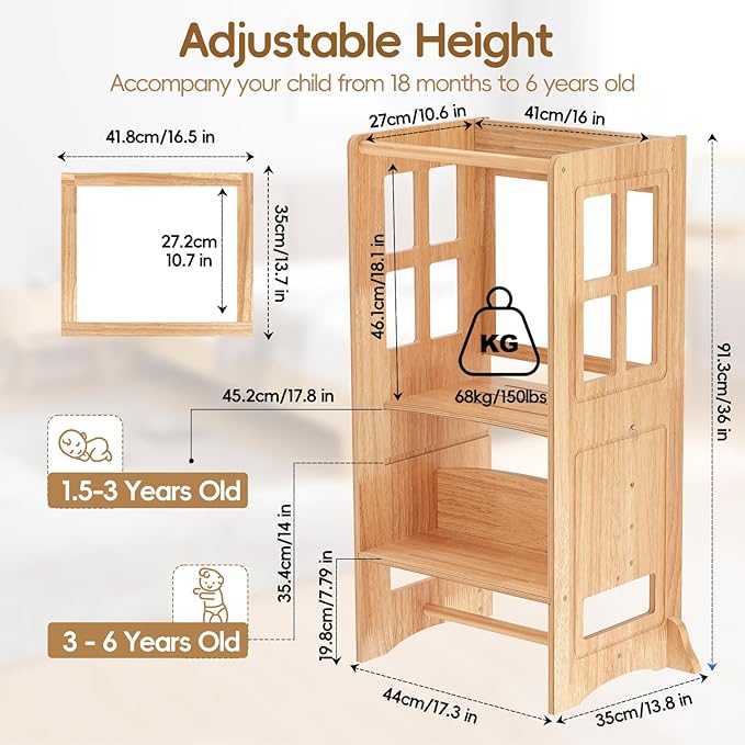 4 in 1 Kitchen Toddler Step Stool, Wooden Kitchen Toddler Tower with Whiteboard and Safety Rail, Adjustable-Height Kids Learning Standing Tower for Kitchen Counter Bathroom Sink